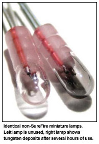 Identical non-SureFire miniature lamps. Left  lamp is unused, right lamp shows tungsten  deposits after several hours of use.